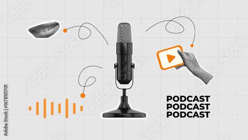 modern promote podcast halftone collage microphone, sound waves, a mouth, and a hand holding play icon. podcast platforms, streaming apps, and online broadcasting