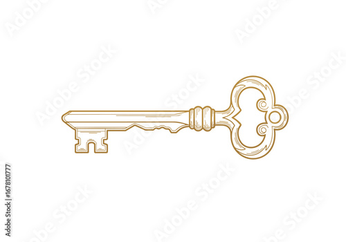 A detailed illustration of an ornate antique skeleton key with intricate carvings and a classic bow design