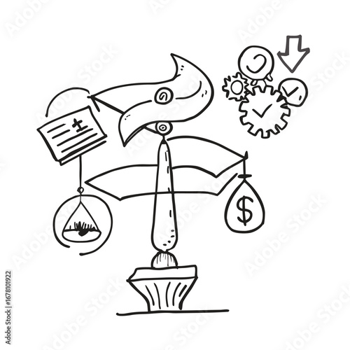 Conceptual doodle of a life balance scale, weighing professional goals of time and money against personal fulfillment and travel