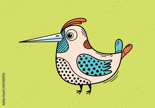 Whimsical hand drawn bird character with long beak and colorful patterns isolated on light green background
