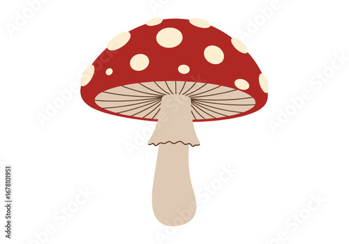 Whimsical fly agaric mushroom illustration with delicate cream stem and underside spores
