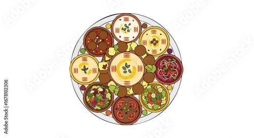 A colorful plate of Middle Eastern cuisine with hummus, salads, and falafel.