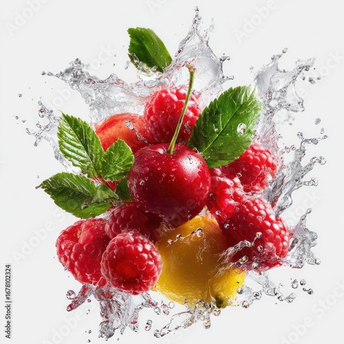 juicy fruits with green leaves in clean water explosion