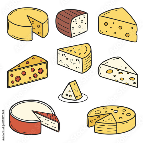 Collection of four isolated food icons showing Swiss cheese with holes, including a whole wheel and wedge slices in a line art style
