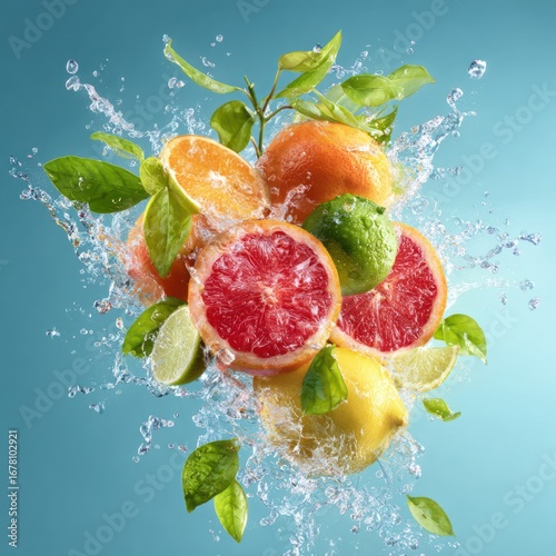 juicy fruits with green leaves in clean water explosion