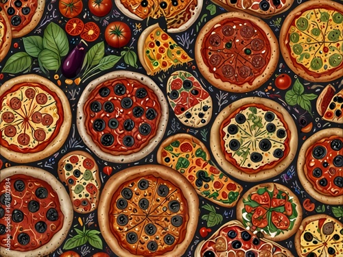 A vibrant and delicious overhead view of a variety of freshly baked pizzas