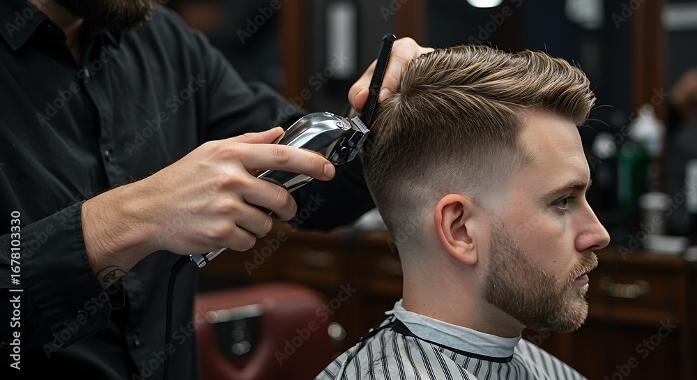 Fototapeta premium Man cuts hair in a men's hairdresser and barber, a hairdresser cuts the hair with a clipper, close up. Process of creating a stylish men's hairstyle in a barbershop.
