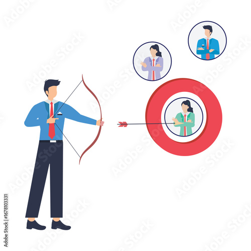 Human resource manager aiming arrows from candidate profiles toward target board to represent job interview selection  stock illustration