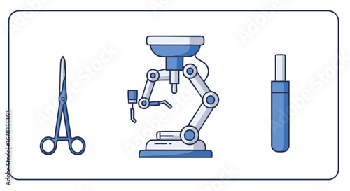 Surgical robot and instruments for medical procedures in a vector illustration.