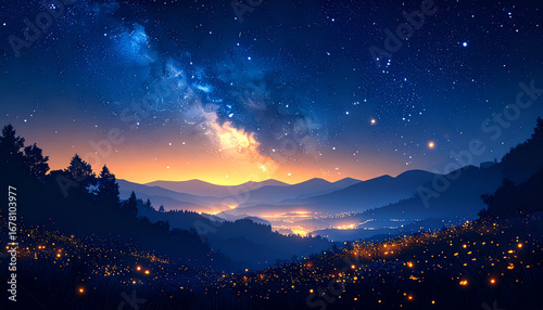 星空 天の川 夜景 幻想的 光 輝き 街 灯り 山並み 丘 蛍 夢 神秘的 流れ星 宇宙 自然 穏やか 美しい 地上絵