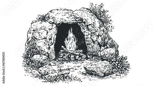 Primitive Shelter with Burning Fire and Natural Surroundings. Vector hand drawn illustration