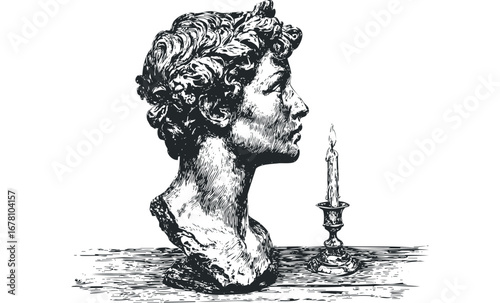 Bust of a young man in profile with a lit candle in a candlestick. Vector hand drawn illustration