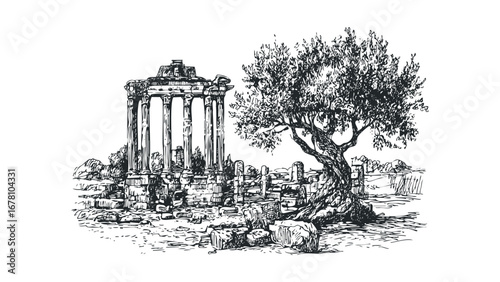 Ancient Greek temple ruins with a large tree on a transparent background. Vector hand drawn illustration