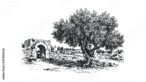 Ancient stone archway and gnarled olive tree in a rural landscape drawing. Vector hand drawn illustration