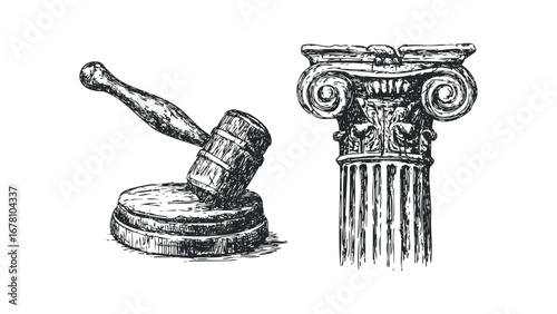 Hand Drawn Judge Gavel and Ionic Column Detail on Transparent Background. Vector hand drawn illustration
