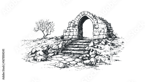 Ancient stone archway with worn steps and lone tree on rocky terrain. Vector hand drawn illustration