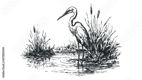 Sketch of Heron Standing in Water Among Cattails. Vector hand drawn illustration