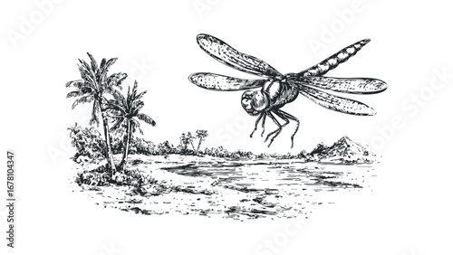 Sketch of a dragonfly hovering over a serene tropical landscape with palm trees and water. Vector hand drawn illustration