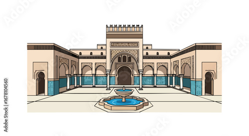 Illustration of an Islamic courtyard with a fountain, arches, and intricate geometric patterns.