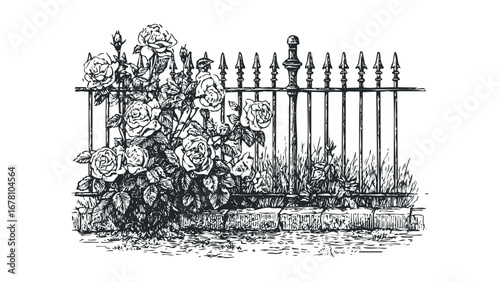 Ornate metal fence with abundant climbing roses and foliage. Vector hand drawn illustration