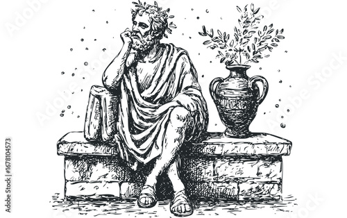 Sketch of a Philosopher in Toga Sitting Thoughtfully Next to a Plant in an Amphora. Vector hand drawn illustration