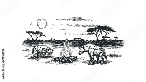 Two spotted hyenas gathered around a campfire in a savanna landscape. Vector hand drawn illustration
