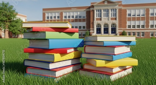 Two stacks of colorful books on green grass in front of a school building on a sunny day outside campus
