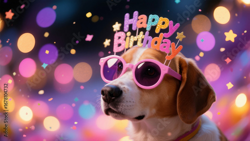 A puppy wearing a birthday hat