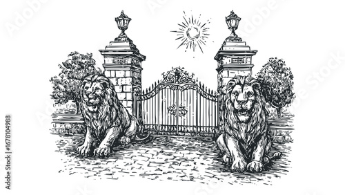 Majestic Lions Guard Opulent Ornate Gate with Stone Pillars and Lamps. Vector hand drawn illustration
