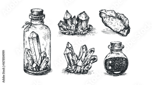 Hand Drawn Collection of Crystals and Potion Bottles. Vector hand drawn illustration