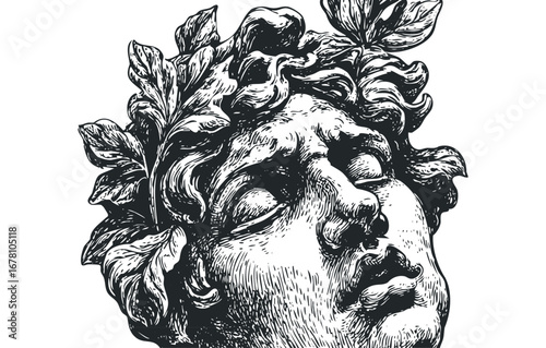 Ornate Greek Sculpture Head with Laurel Wreath Isolated. Vector hand drawn illustration
