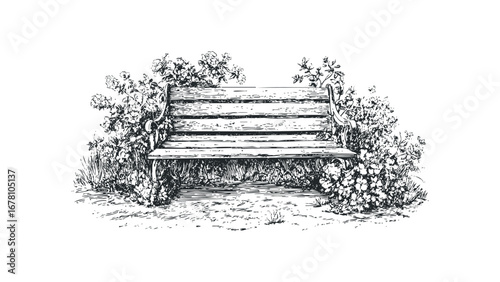 Empty Wooden Park Bench Surrounded by Detailed Floral Foliage. Vector hand drawn illustration