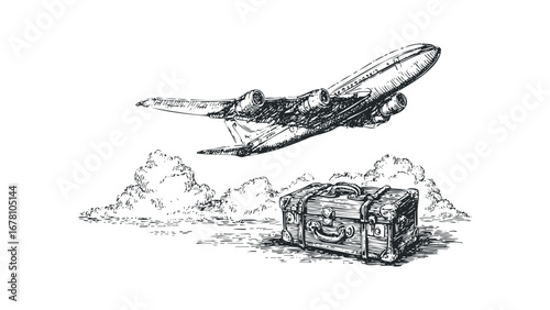 Airplane and vintage suitcase on transparent background sketch. Vector hand drawn illustration