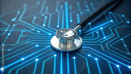 Cybersecurity in telemedicine stethoscope on circuit board digital health data privacy secure network medical technology remote care concept modern