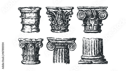 Collection of ancient Greek column capitals and shafts in a sketchy drawing style. Vector hand drawn illustration