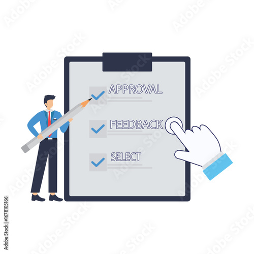 Businessman with giant pencil selecting option from checklist for decision making approval feedback and survey answer response Business agreement concept
