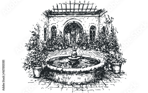 Courtyard fountain surrounded by potted plants and archways in a sketch style. Vector hand drawn illustration