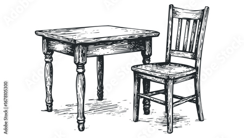 Wooden Table and Chair Drawing. Vector hand drawn illustration