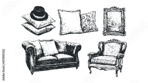 Ornate Furniture Assortment with Top Hat and Cushions. Vector hand drawn illustration