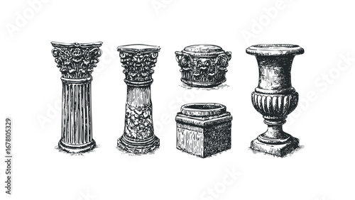 Sketch Collection of Architectural Columns and Urn on Transparent. Vector hand drawn illustration