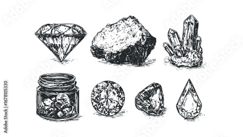 Collection of faceted gems and raw mineral specimens, hand drawn on white. Vector hand drawn illustration