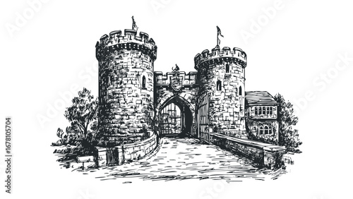 Sketch of medieval castle gatehouse with flanking towers and drawbridge. Vector hand drawn illustration