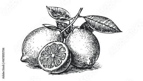 Detailed pen and ink sketch of lemons on a branch with a cut lemon. Vector hand drawn illustration