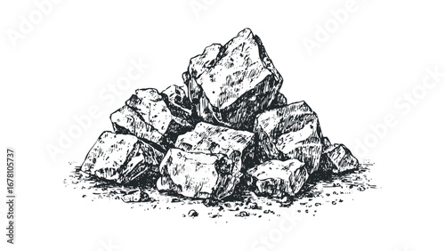 Pile of Textured Rocks Drawn in Black Ink on White. Vector hand drawn illustration
