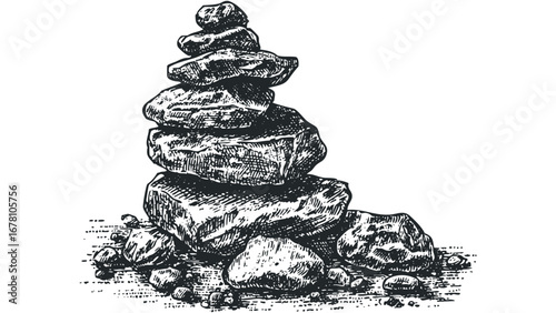 Stacked Stones Cairn Drawing on Transparent Background. Vector hand drawn illustration