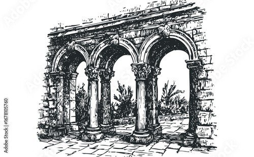 Monochromatic sketch of an ancient stone arcade with decorative columns and arched passageways. Vector hand drawn illustration
