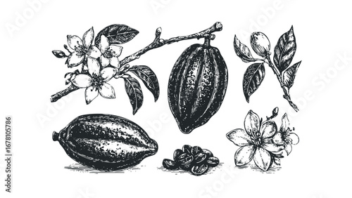 Hand Drawn Cacao Pods, Flowers, and Beans in Sketch Style. Vector hand drawn illustration