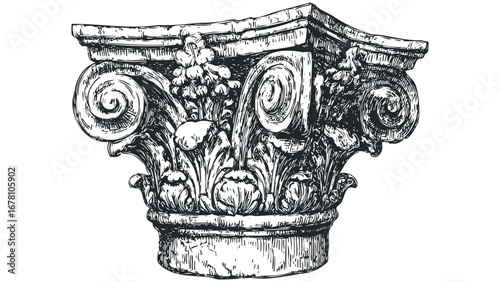 Corinthian Capital Architectural Detail with Floral Ornamentation. Vector hand drawn illustration