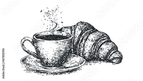 Espresso coffee cup with steam and croissant pastry. Vector hand drawn illustration