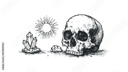 Hand drawn skull with crystals and sunburst on transparent. Vector hand drawn illustration